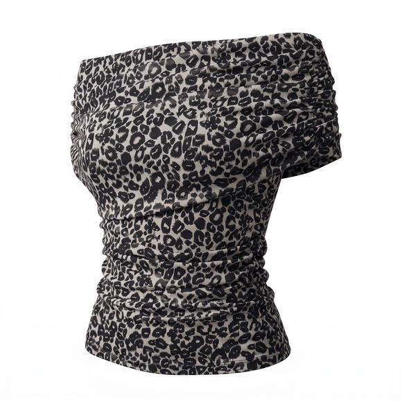 Maeve Tops - Maeve Leopard Print Ruched Mesh Off-The-Shoulder Top XL Black White Mob Wife